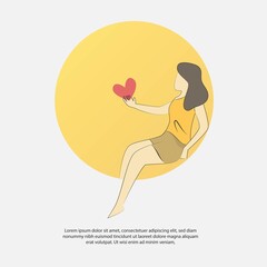 Self care and love yourself concept,happy woman turn to take more care of your heart,Learn and understand how love is going,Vector illustration.