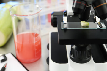 Microscope with slice of zucchini in laboratory, closeup. Food quality control