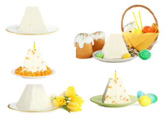 Set with traditional cottage cheese Easter paskhas and cakes on white background