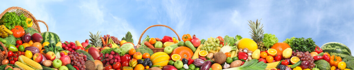 Assortment of fresh organic fruits and vegetables outdoors. Banner design
