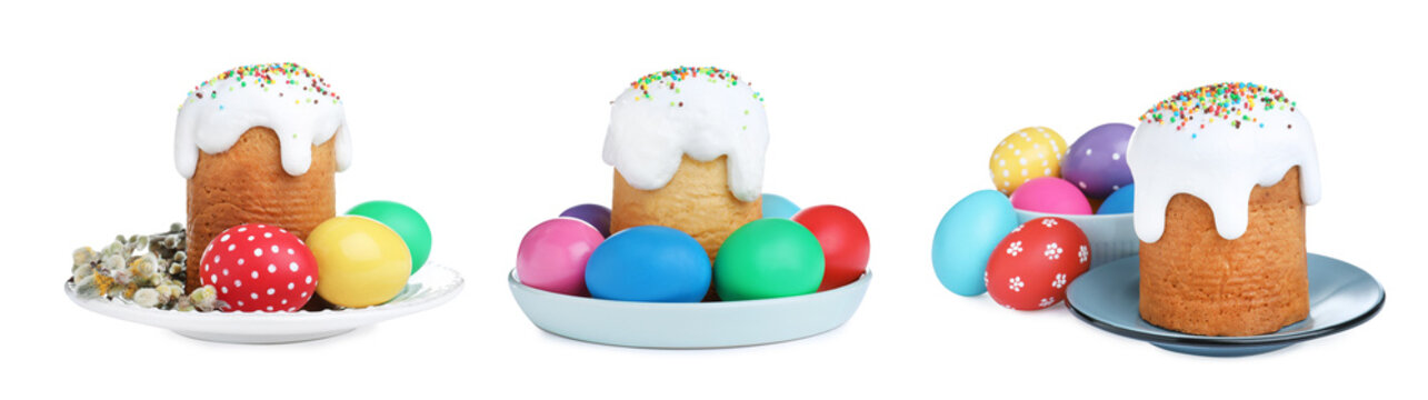 Set with traditional Easter cakes and colorful eggs on white background, banner design