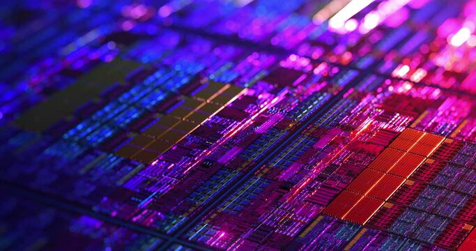 Futuristic die chip processor technology background. CPU, GPU, CMOS microchip Computer Processors. AI, Quantum computer, data processing, datacenter. Silicon wafer process. 3D rendering, 4K loop	