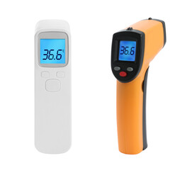 Infrared thermometers on white background, collage. Checking temperature during Covid-19 pandemic