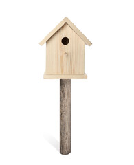 Beautiful wooden bird box isolated on white