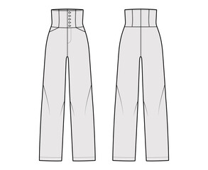Pants high-waisted technical fashion illustration with full length, pockets, bottom closure, round pockets. Flat trousers bottom apparel template front, back, grey color. Women, men, unisex CAD mockup