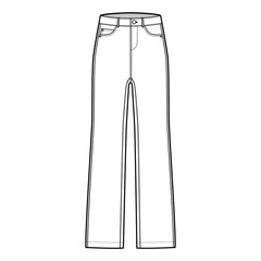 Jeans Denim pants technical fashion illustration with full length, low waist, rise, 5 pockets, Rivets, belt loops. Flat bottom apparel template front, white, grey color style. Women, unisex CAD mockup
