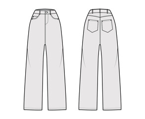 Baggy Jeans Denim pants technical fashion illustration with normal waist, high rise, 5 pockets, Rivets, belt loops. Flat bottom template front, back, grey color style. Women, men, unisex CAD mockup