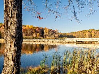 Keystone Lake in Keystone State Park in West Moreland County in the Laurel Highlands of Pennsylvania in the fall right before sunset with the fall foliage and trees reflecting in the water.