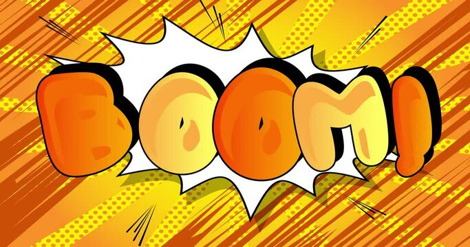 Boom comic book word, explosion word animation. Retro Cartoon Popup Style Expressions. Colored Comic Bubbles and Speed Radial line. Animation on doodle background.