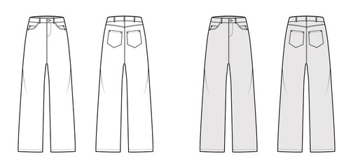 Baggy Jeans Denim pants technical fashion illustration with full length, low waist, rise, 5 pockets. Flat bottom apparel template front, back, white, grey color style. Women, men, unisex CAD mockup