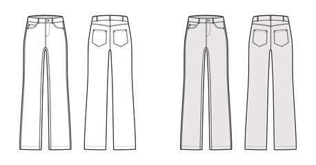 Straight Jeans Denim pants technical fashion illustration with full length, low waist, rise, 5 pockets, belt loops. Flat apparel bottom template front, back, white, grey color style. Women CAD mockup