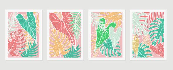 summer tropical wall arts vector. Palm leaves, monstera leaf, Botanical  background design for wall framed prints, canvas prints, poster, home decor, cover, wallpaper.