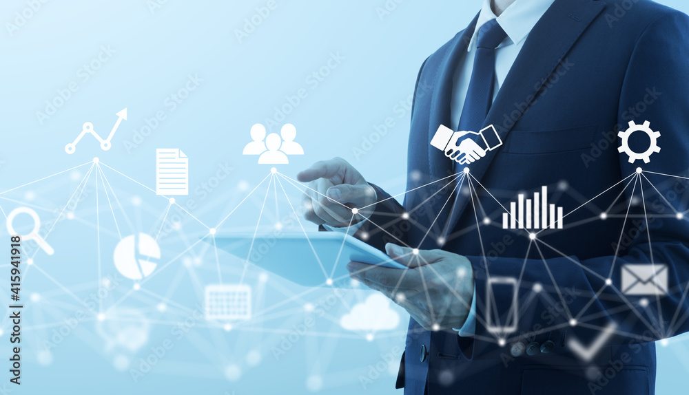 Poster Business management and network technology. Businessperson using tablet computer. Network structure and business icons.