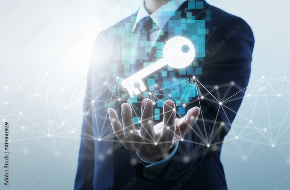 Poster business person offering digital key. network structure and key icon.