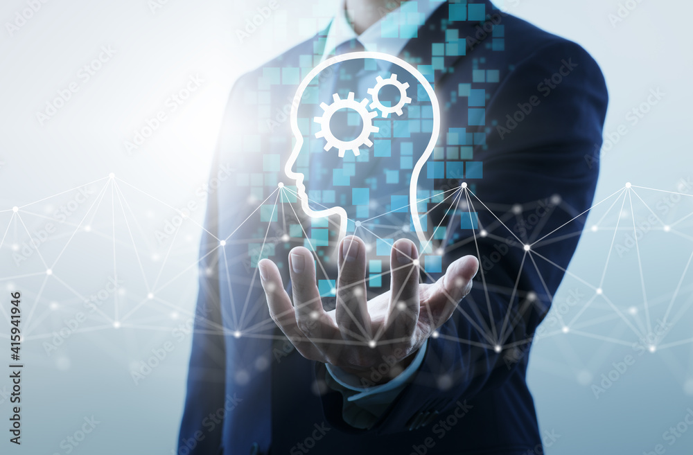 Aufkleber Technology solutions for business knowledge. Businessperson holding network structure and head icon.