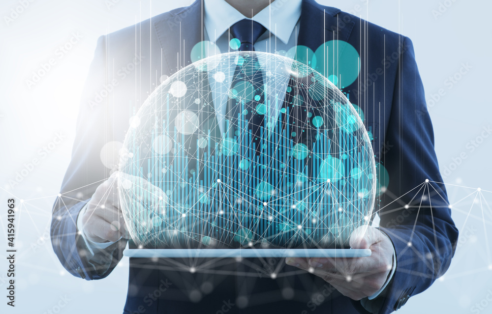 Poster Business and technology innovation. Business person using tablet computer. Network structure and wire frame sphere.