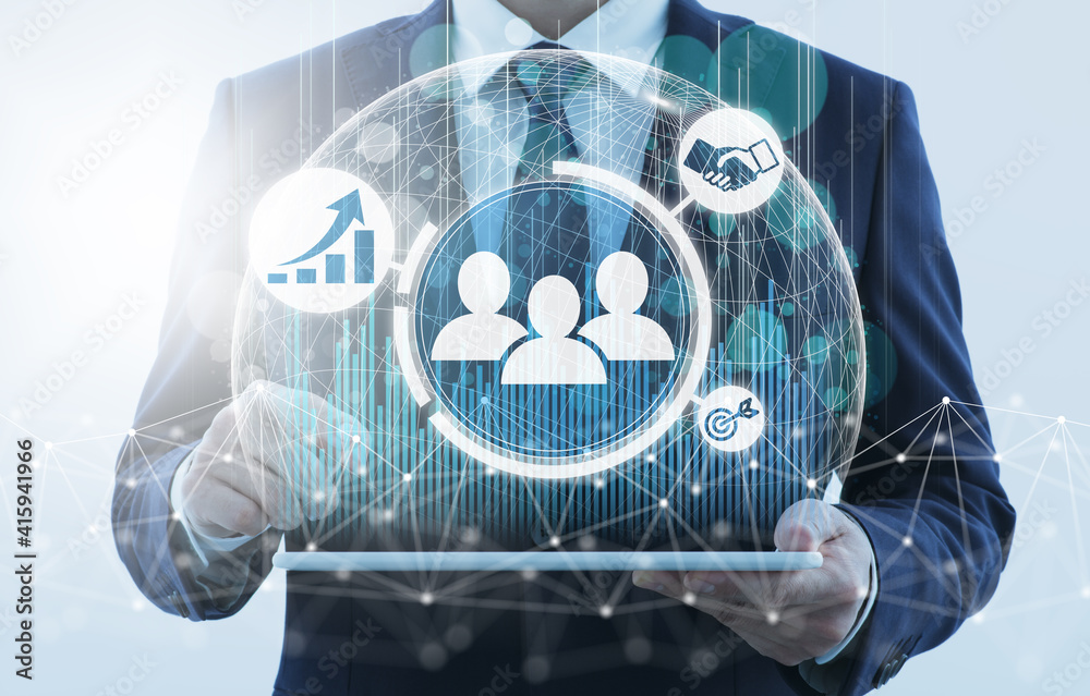 Poster Business management and network technology.  Business person using tablet computer.