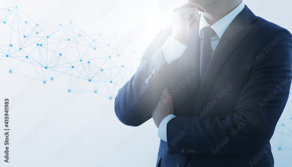 Poster strategic thinking. business person and blue network structure. backlight and copy space.