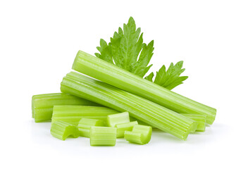 Celery sticks with leaf on white background. full depth of field