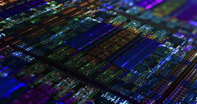 Iridescent Silicon Microchip Computer Wafer. 7nm, 5nm and 3nm manufacturing process. Semiconductor manufacturing of CPU, GPU, CMOS chip design. Integrated circuit Die shot. 3D rendering, 4K	
