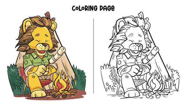 A Lion Enjoys Roasting Marshmallow Coloring Page and Book