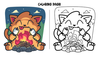 Cat Roasting Marshmallow In The Night Coloring Page and Book