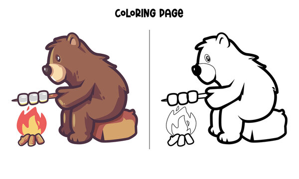 Bear Roasting Marshmallow Coloring Page and Book