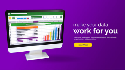 Spreadsheet on Computer screen 3d render icon. Financial accounting report concept. office things for planning, accounting, analysis, audit, project management, marketing, research data illustration