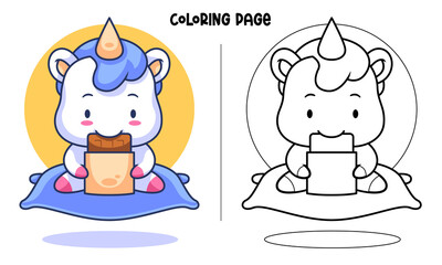 Unicorn Eats Chocolate Coloring Page and Book