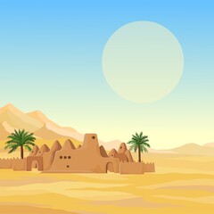 Decorative landscape - desert, mountains, African ancient mosque from clay. Background, template, card. Place for text. Vector illustration. 