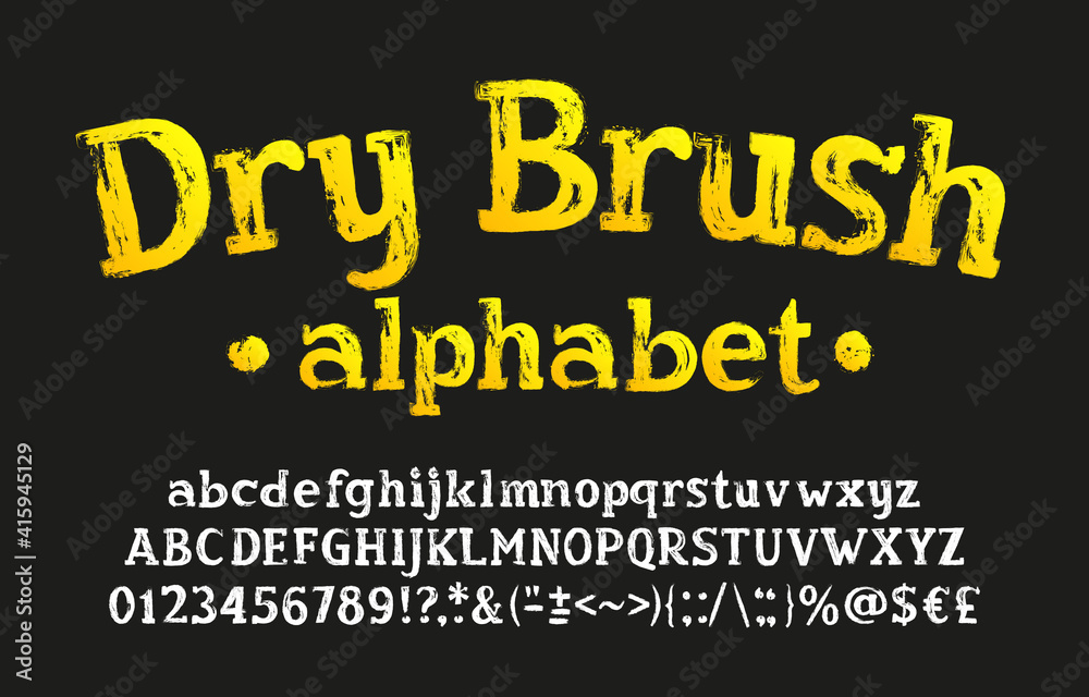 Fototapete dry brush alphabet font. hand drawn uppercase and lowercase letters, numbers and symbols. stock vect