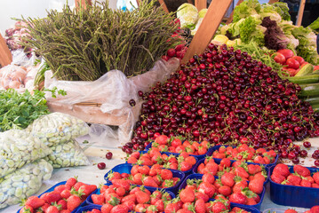 Croatia, Zadar. City Market produce stall bright and colorful. UNESCO.