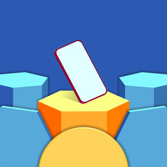 Abstract geometric background in fresh colors. Modern smartphone concept in 3d render illustration. Fashion and trendy mockup with a floating phone. Free space for design presentation.