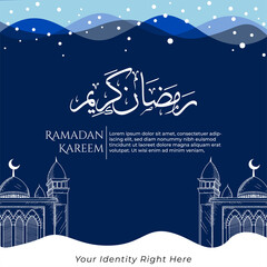 Ramadan Kareem beautiful greeting card with arabic calligraphy which means ''Ramadan kareem '' - islamic background with mosques suitable also for Eid Mubarak .
