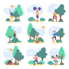 People performing sport activities outdoors set. Young man and woman exercising with sports equipment, doing yoga, jogging, nordic walking. Active healthy lifestyle concept flat vector illustration