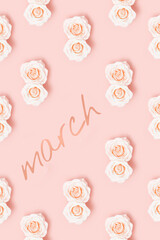Pattern for March 8 with two white flower roses as number eight. Floral decor with pastel pink colored.