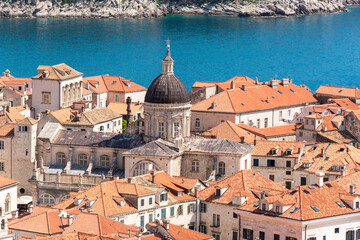 Croatia, Dubrovnik. Old City Cathedral, red tile roofs and Adriatic.