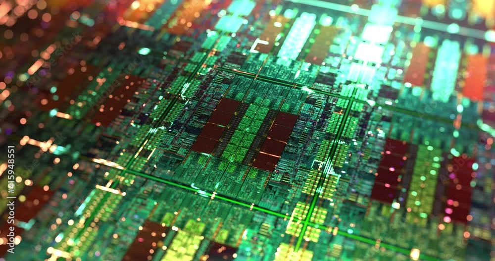 Poster central computer processors cpu die shot. artificial intelligence ai and microchip circuit concept. 
