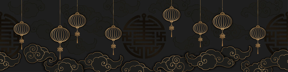 Seamless horizontal vector pattern with gold clouds and lanterns isolated on black background. Traditional asian decoration for banner, card, poster, brochure, calendar, flyer