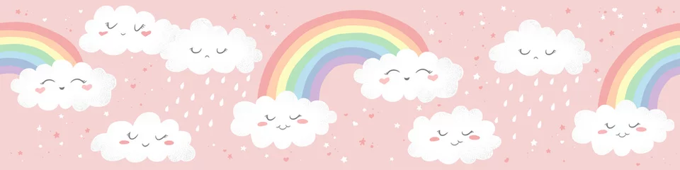 Wall murals Nursery Seamless horizontal vector pattern with hand drawn cute cartoon rainbows, clouds and stars isolated on pink background. Design for print, fabric , wallpaper, card, baby shower