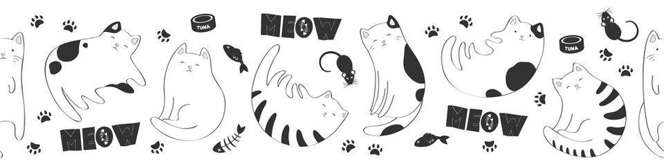 Seamless vector horizontal pattern with black and white cute cats, fish bones, cat paws, pet food on white background. Cat lover design for print, fabric, card, wallpaper, packaging