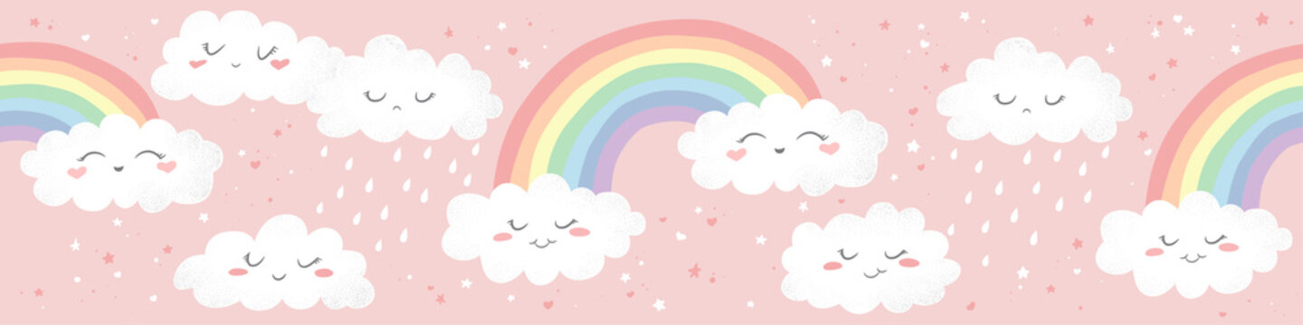 Seamless horizontal vector pattern with hand drawn cute cartoon rainbows, clouds and stars isolated on pink background. Design for print, fabric , wallpaper, card, baby shower