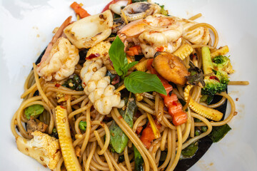 Spaghetti Seafood is an Italian food that is decorated within plate beautifully and It is a popular food.