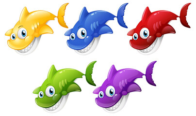 Set of many smiling cute shark cartoon character isolated on white background