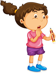 A girl holding a pencil cartoon character isolated on white background