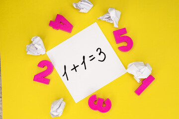 On a yellow background is a white sheet on which the Mathematical example is incorrectly solved....
