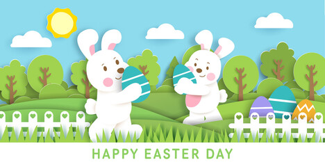 Obraz na płótnie Canvas Easter day card with cute rabbiits and easter eggs.