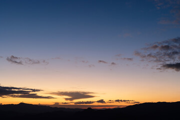 Heaven at early morning with copy space. Sunset, sunrise backdrop.Predawn clear sky with orange horizon and blue atmosphere. Smooth orange blue gradient of dawn sky.