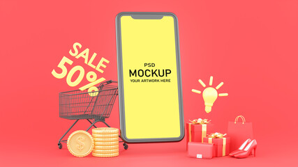 3d render of smartphone with online shopping concept for mockup