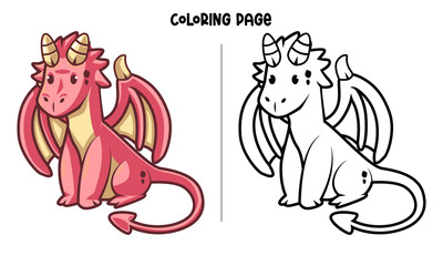 Cute Red Dragon Sitting Coloring Page and Book